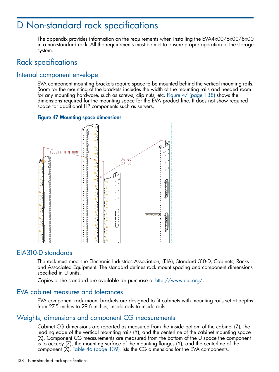 D non-standard rack specifications, Rack specifications, Internal component envelope | Eia310-d standards, Eva cabinet measures and tolerances, Weights, dimensions and component cg measurements | HP 4000.6000.8000 Enterprise Virtual Arrays User Manual | Page 138 / 180