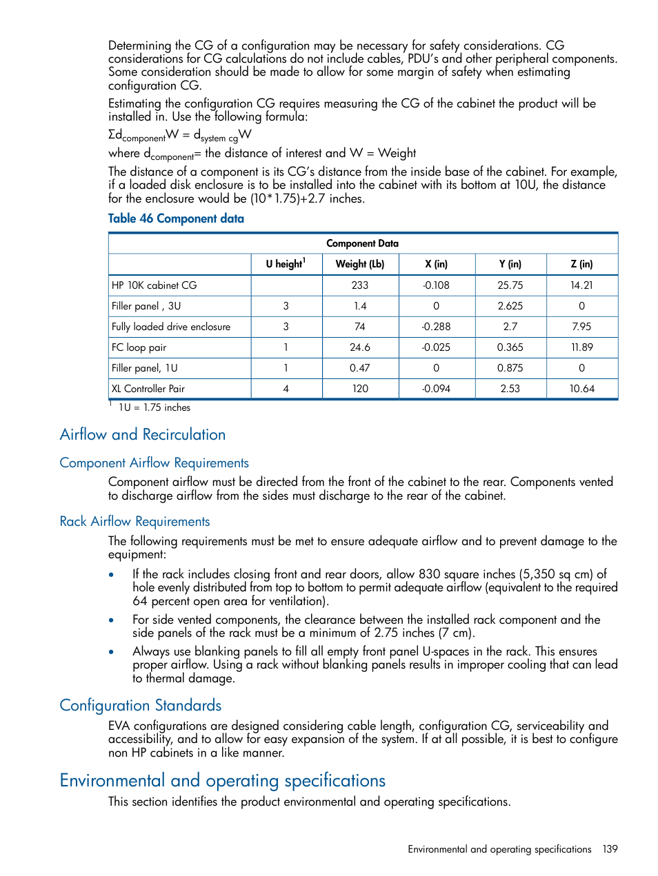 Airflow and recirculation, Component airflow requirements, Rack airflow requirements | Configuration standards, Environmental and operating specifications | HP 4000.6000.8000 Enterprise Virtual Arrays User Manual | Page 139 / 180