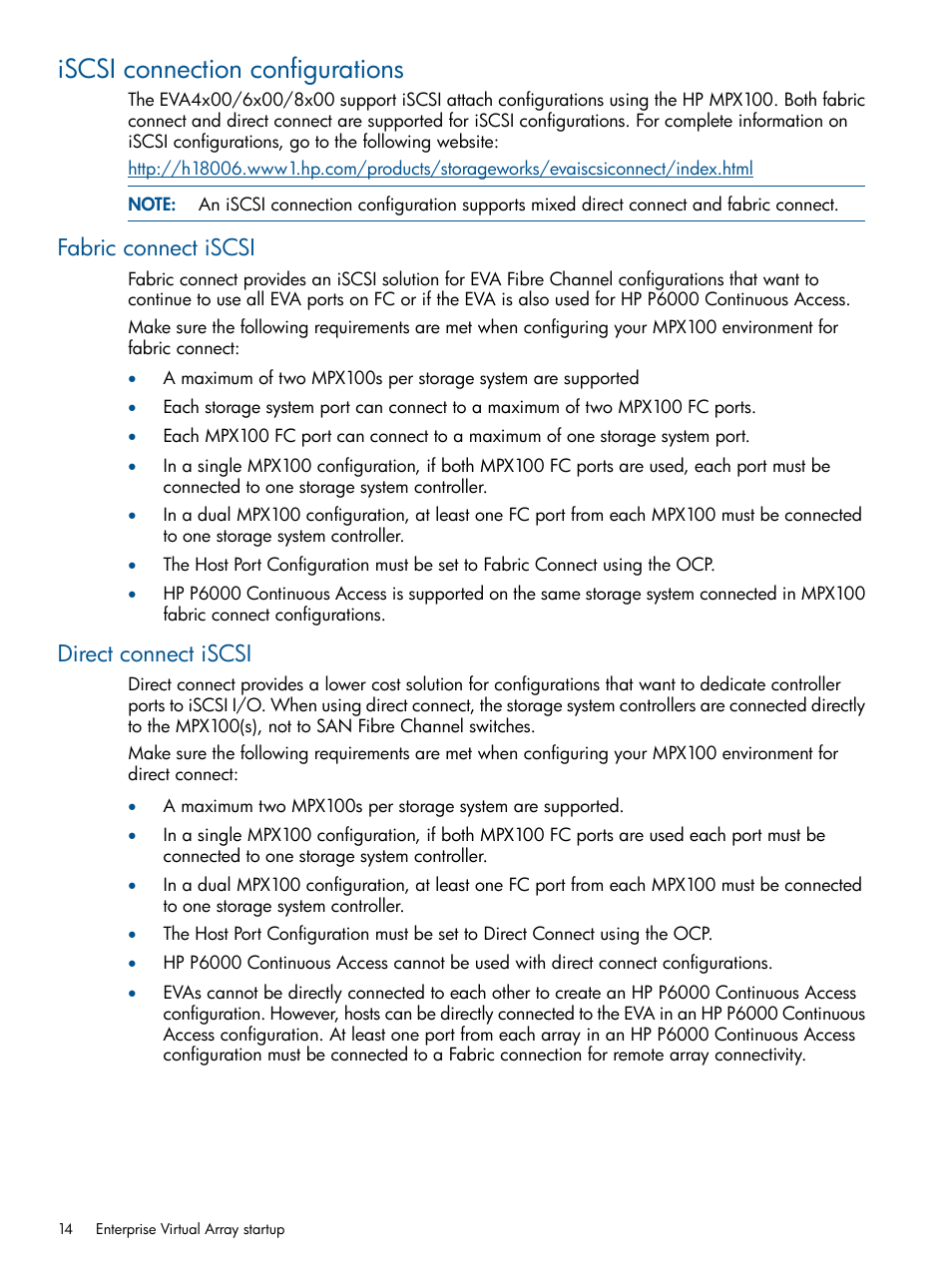 Iscsi connection configurations, Fabric connect iscsi, Direct connect iscsi | Fabric connect iscsi direct connect iscsi | HP 4000.6000.8000 Enterprise Virtual Arrays User Manual | Page 14 / 180