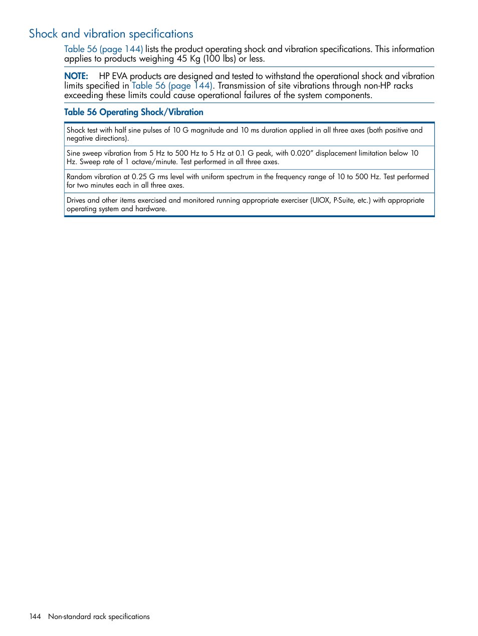 Shock and vibration specifications | HP 4000.6000.8000 Enterprise Virtual Arrays User Manual | Page 144 / 180