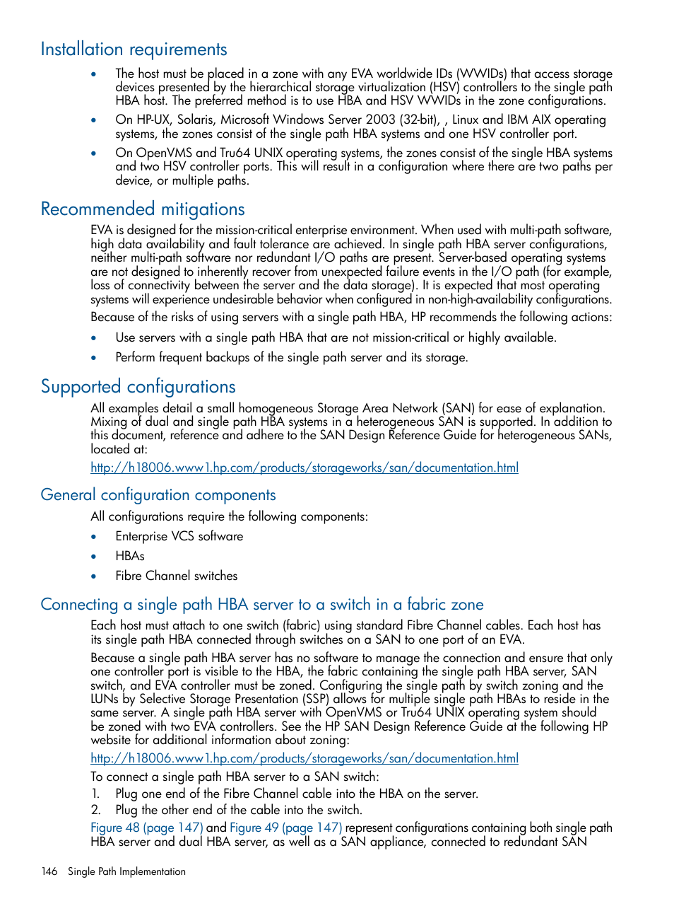 Installation requirements, Recommended mitigations, Supported configurations | General configuration components | HP 4000.6000.8000 Enterprise Virtual Arrays User Manual | Page 146 / 180