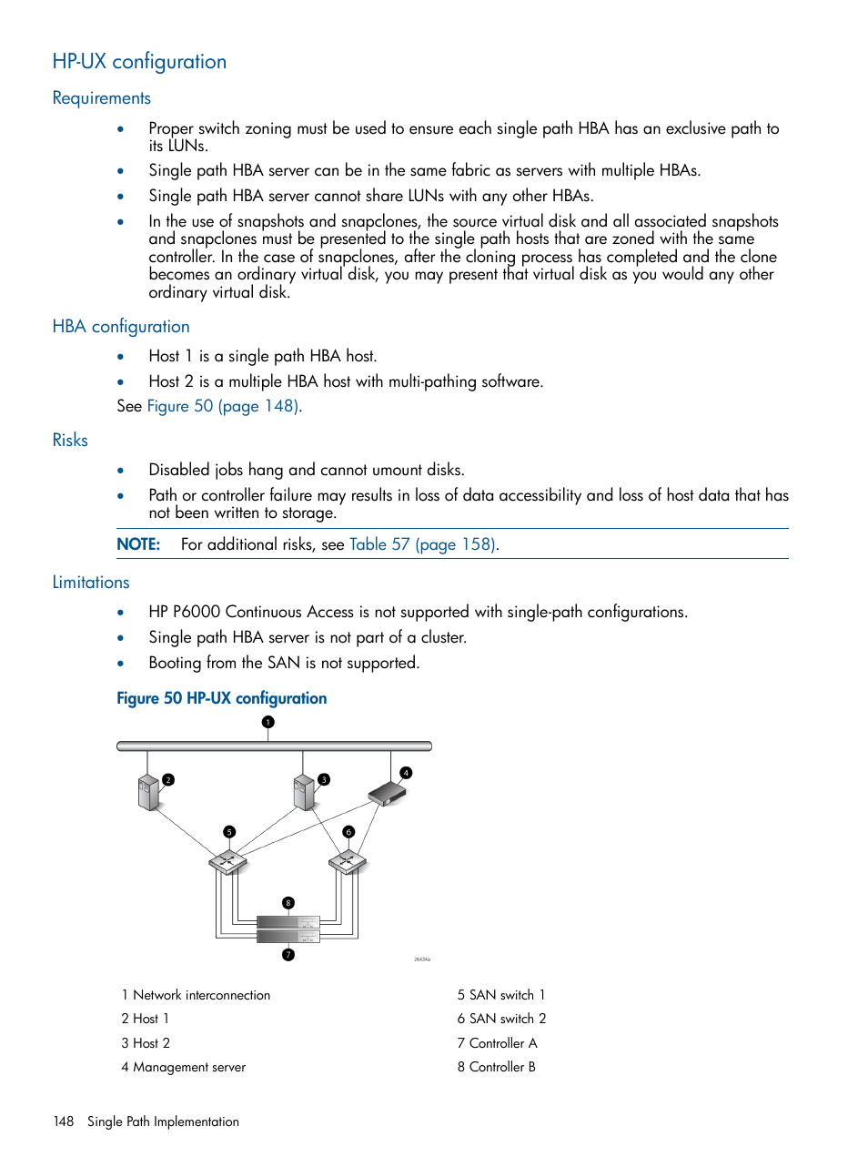 Hp-ux configuration, Requirements, Hba configuration | Risks, Limitations, Requirements hba configuration risks limitations | HP 4000.6000.8000 Enterprise Virtual Arrays User Manual | Page 148 / 180