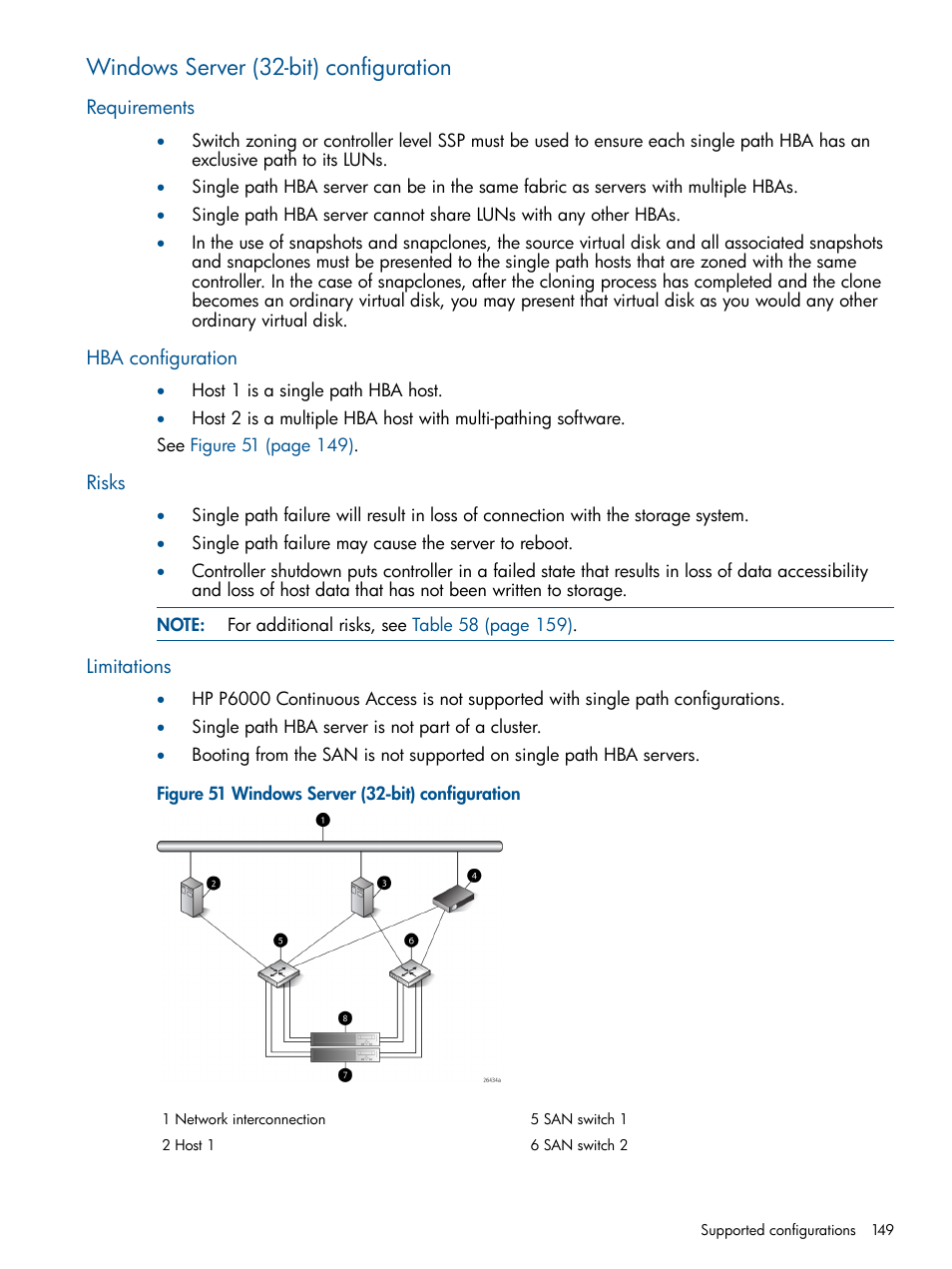 Windows server (32-bit) configuration, Requirements, Hba configuration | Risks, Limitations, Requirements hba configuration risks limitations | HP 4000.6000.8000 Enterprise Virtual Arrays User Manual | Page 149 / 180