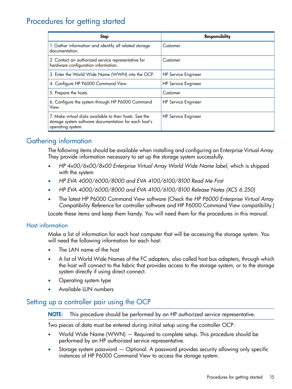 Procedures for getting started, Gathering information, Host information | Setting up a controller pair using the ocp | HP 4000.6000.8000 Enterprise Virtual Arrays User Manual | Page 15 / 180