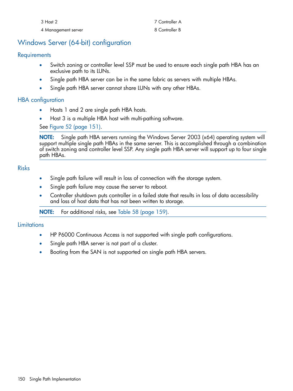 Windows server (64-bit) configuration, Requirements, Hba configuration | Risks, Limitations, Requirements hba configuration risks limitations | HP 4000.6000.8000 Enterprise Virtual Arrays User Manual | Page 150 / 180