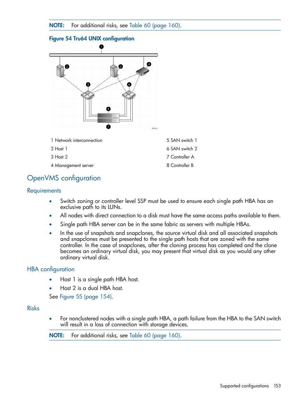 Openvms configuration, Requirements, Hba configuration | Risks, Requirements hba configuration risks | HP 4000.6000.8000 Enterprise Virtual Arrays User Manual | Page 153 / 180