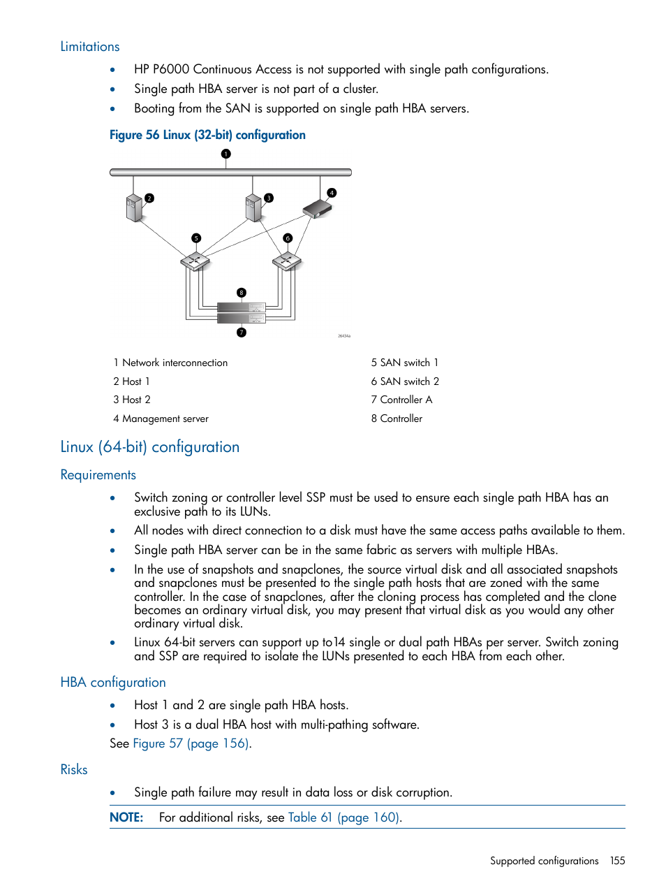 Limitations, Linux (64-bit) configuration, Requirements | Hba configuration, Risks, Requirements hba configuration risks | HP 4000.6000.8000 Enterprise Virtual Arrays User Manual | Page 155 / 180