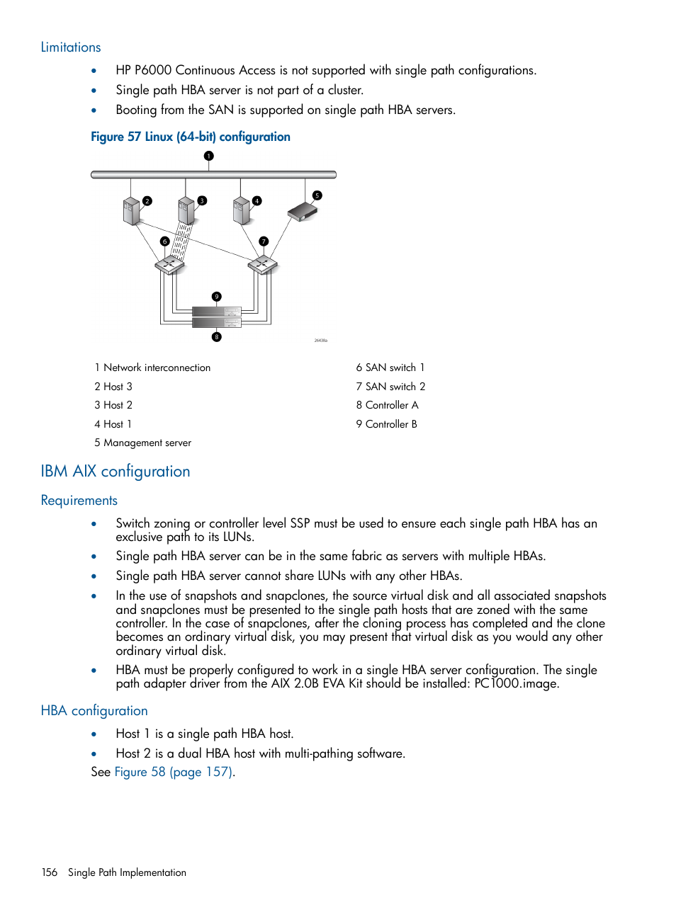 Limitations, Ibm aix configuration, Requirements | Hba configuration, Requirements hba configuration | HP 4000.6000.8000 Enterprise Virtual Arrays User Manual | Page 156 / 180