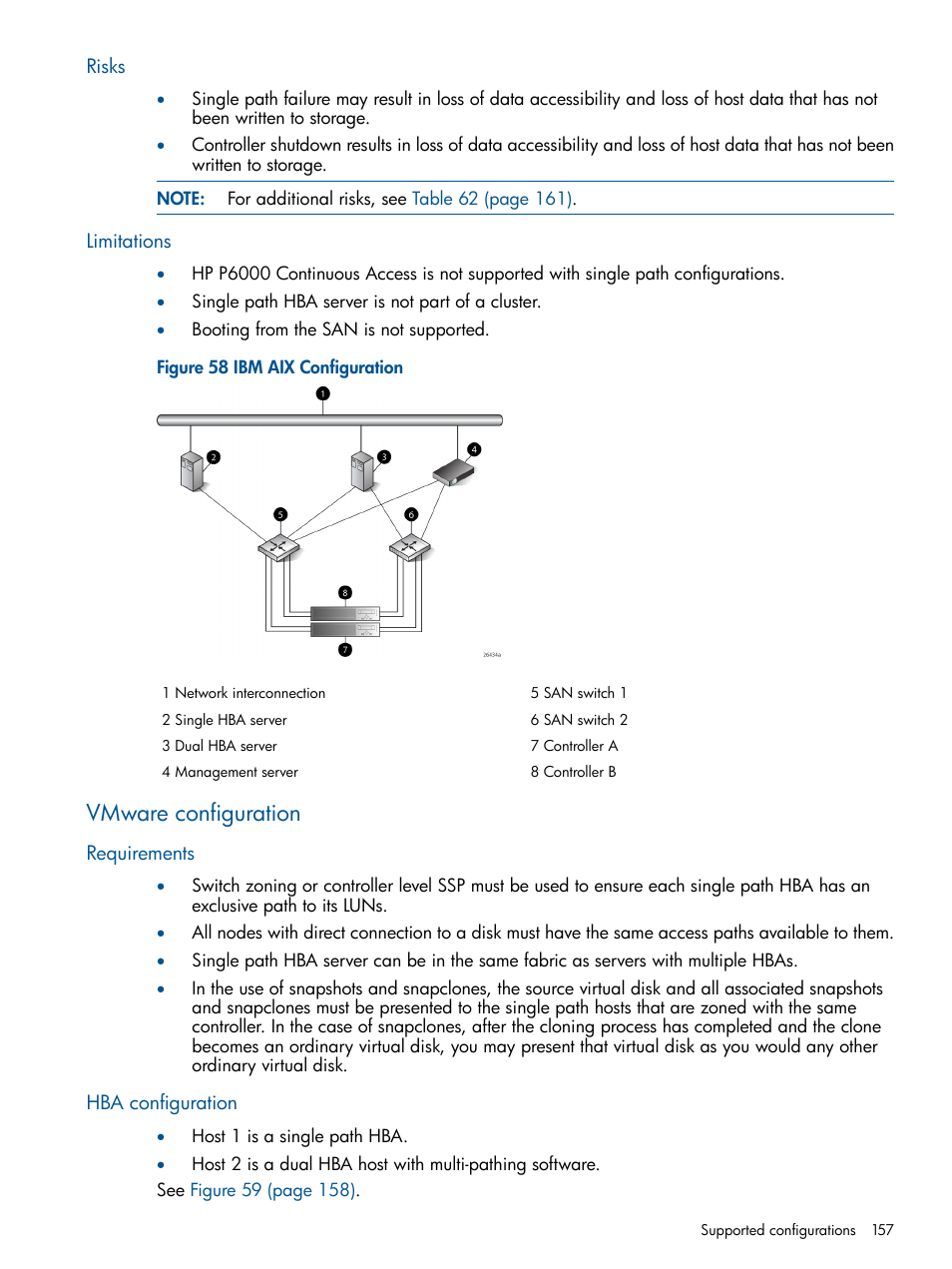 Risks, Limitations, Vmware configuration | Requirements, Hba configuration, Risks limitations, Requirements hba configuration | HP 4000.6000.8000 Enterprise Virtual Arrays User Manual | Page 157 / 180