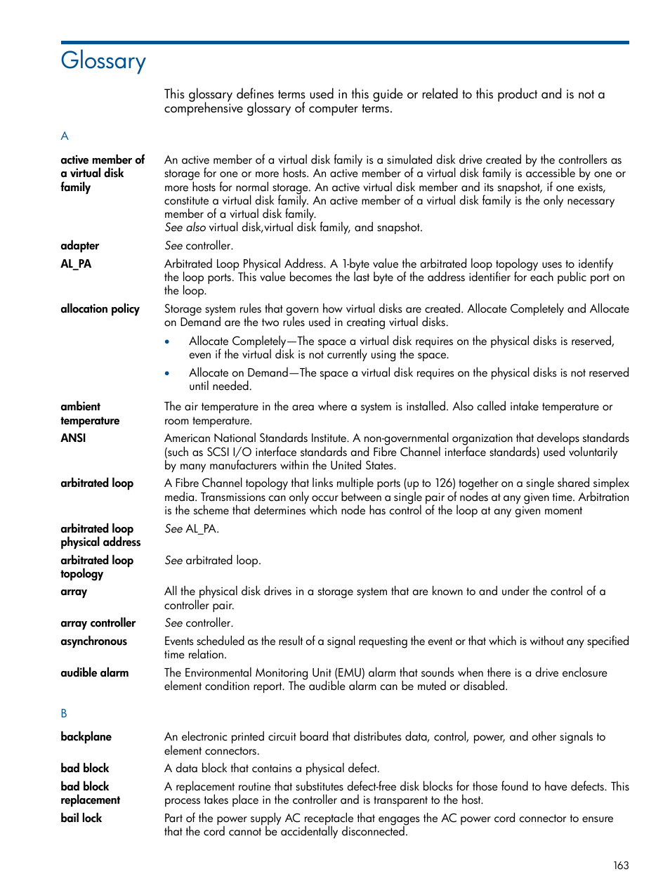 Glossary, Backplane, Audible alarm | Ambient temperature, Bail lock | HP 4000.6000.8000 Enterprise Virtual Arrays User Manual | Page 163 / 180