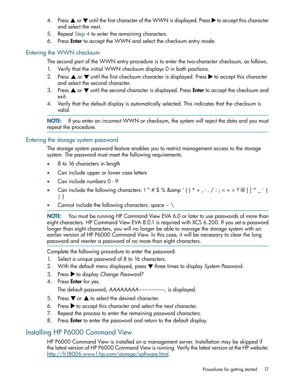 Entering the wwn checksum, Entering the storage system password, Installing hp p6000 command view | HP 4000.6000.8000 Enterprise Virtual Arrays User Manual | Page 17 / 180