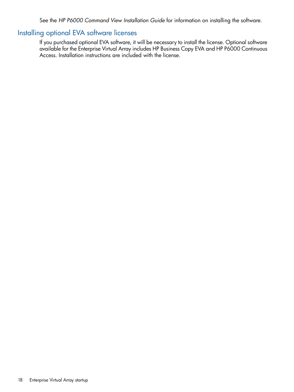 Installing optional eva software licenses | HP 4000.6000.8000 Enterprise Virtual Arrays User Manual | Page 18 / 180