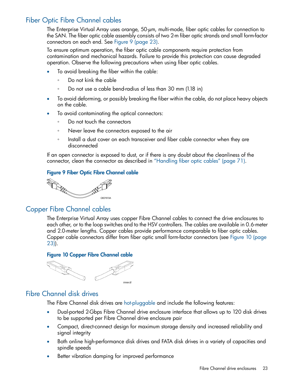 Fiber optic fibre channel cables, Copper fibre channel cables, Fibre channel disk drives | HP 4000.6000.8000 Enterprise Virtual Arrays User Manual | Page 23 / 180