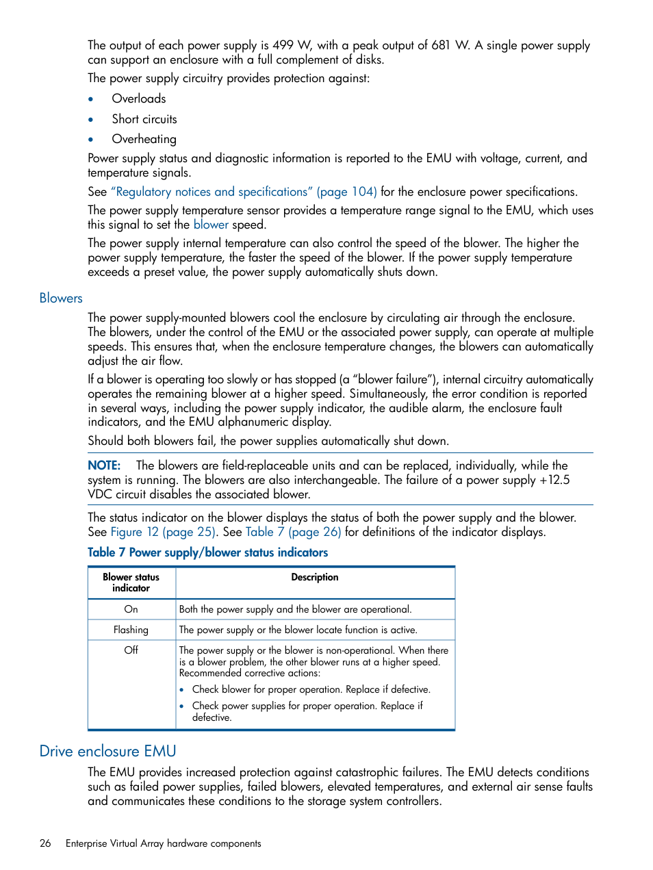 Blowers, Drive enclosure emu | HP 4000.6000.8000 Enterprise Virtual Arrays User Manual | Page 26 / 180