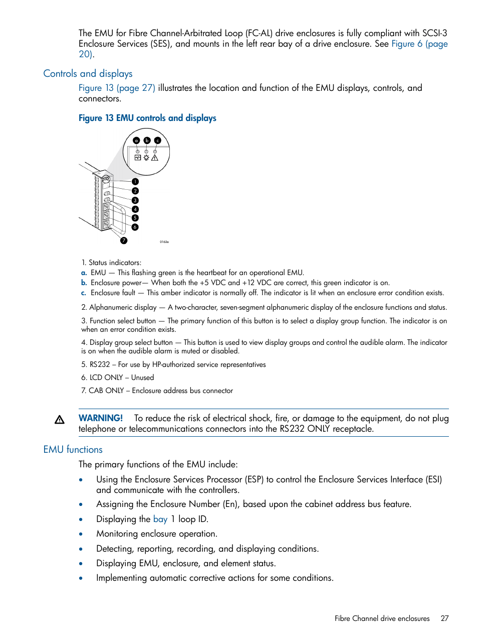 Controls and displays, Emu functions, Controls and displays emu functions | HP 4000.6000.8000 Enterprise Virtual Arrays User Manual | Page 27 / 180