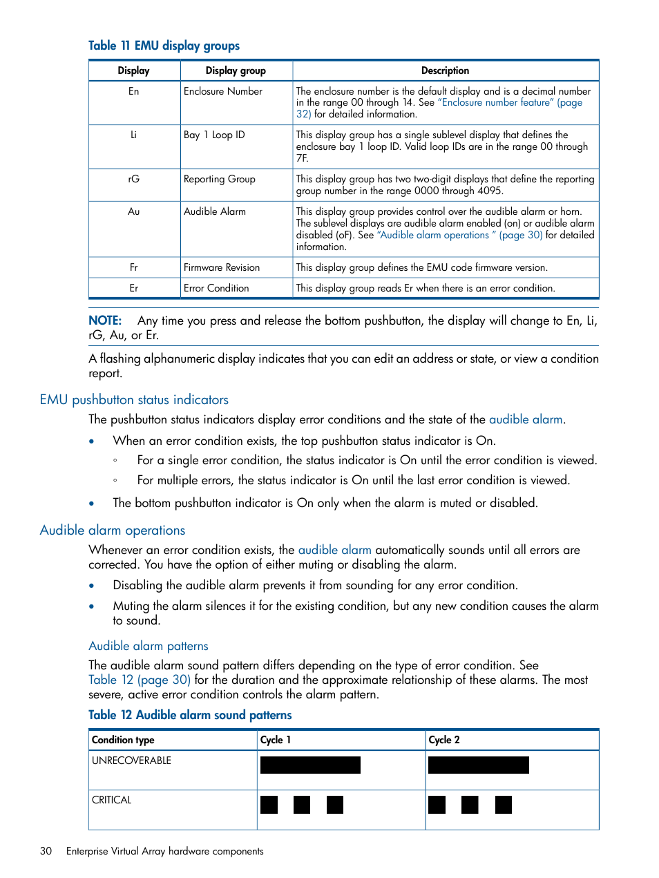 Emu pushbutton status indicators, Audible alarm operations, Audible alarm patterns | Audible | HP 4000.6000.8000 Enterprise Virtual Arrays User Manual | Page 30 / 180