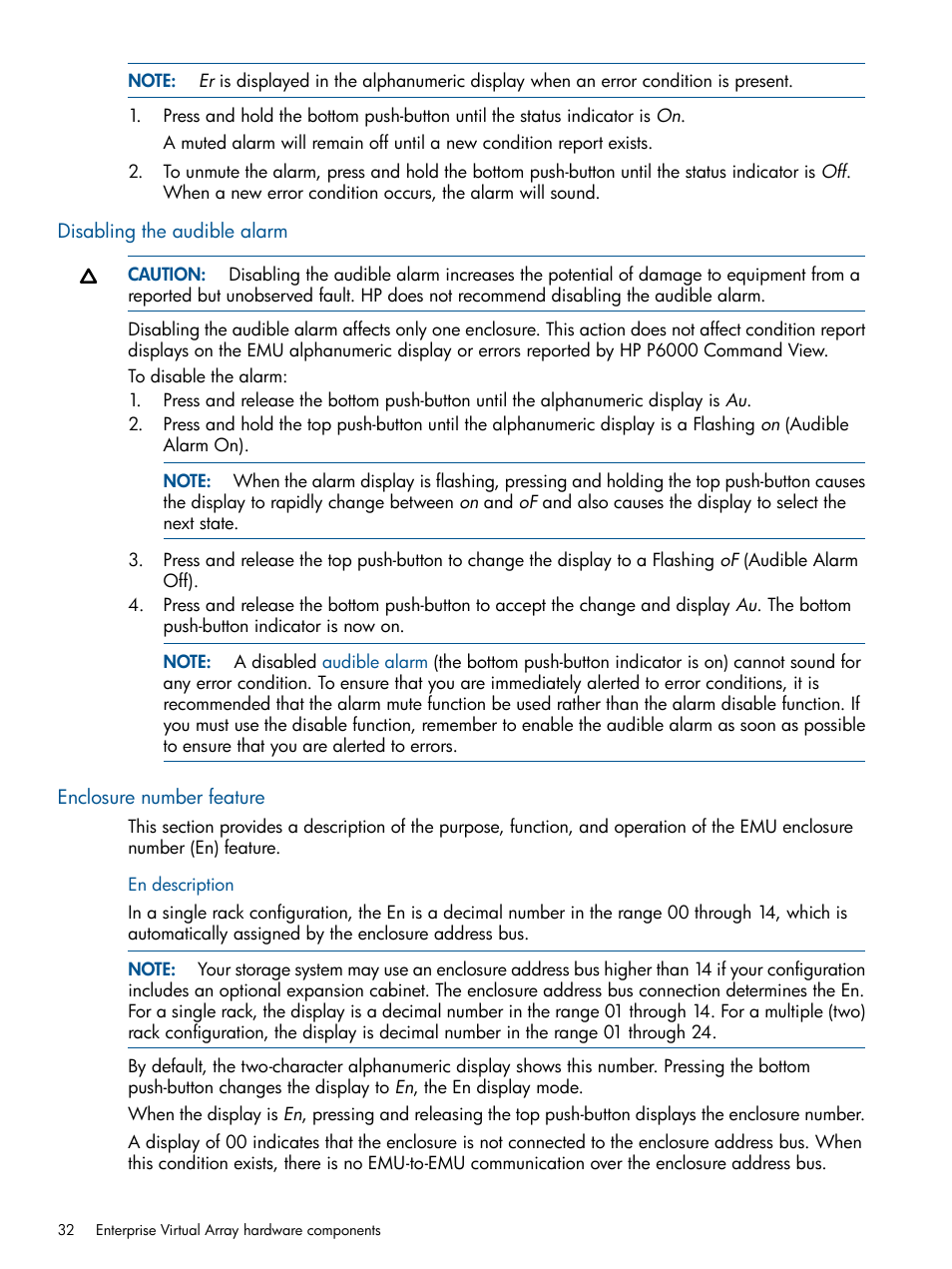 Disabling the audible alarm, Enclosure number feature, En description | HP 4000.6000.8000 Enterprise Virtual Arrays User Manual | Page 32 / 180