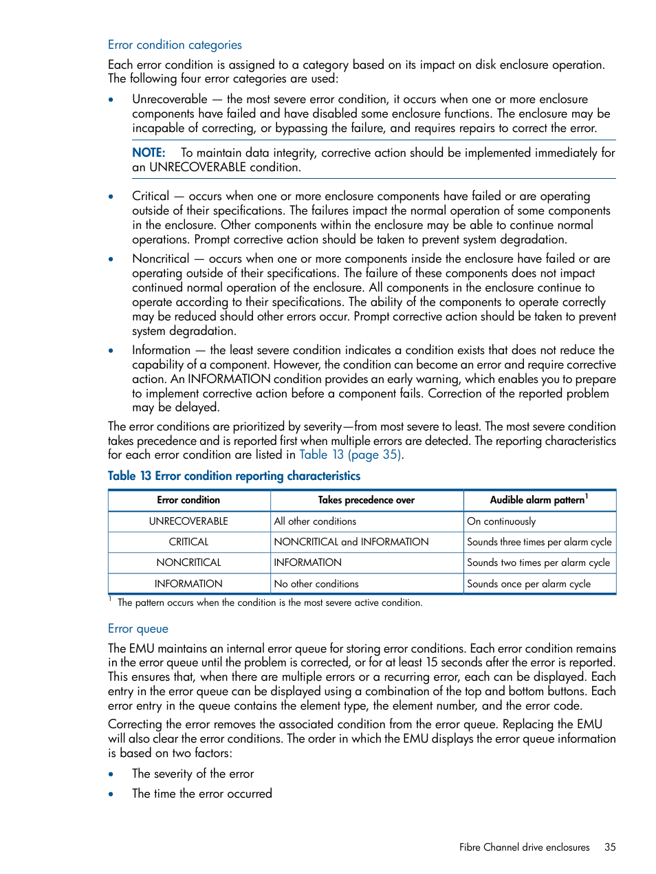 Error condition categories, Error queue, Error condition categories error queue | HP 4000.6000.8000 Enterprise Virtual Arrays User Manual | Page 35 / 180