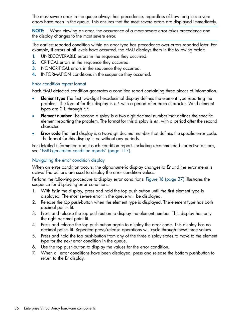 Error condition report format, Navigating the error condition display | HP 4000.6000.8000 Enterprise Virtual Arrays User Manual | Page 36 / 180