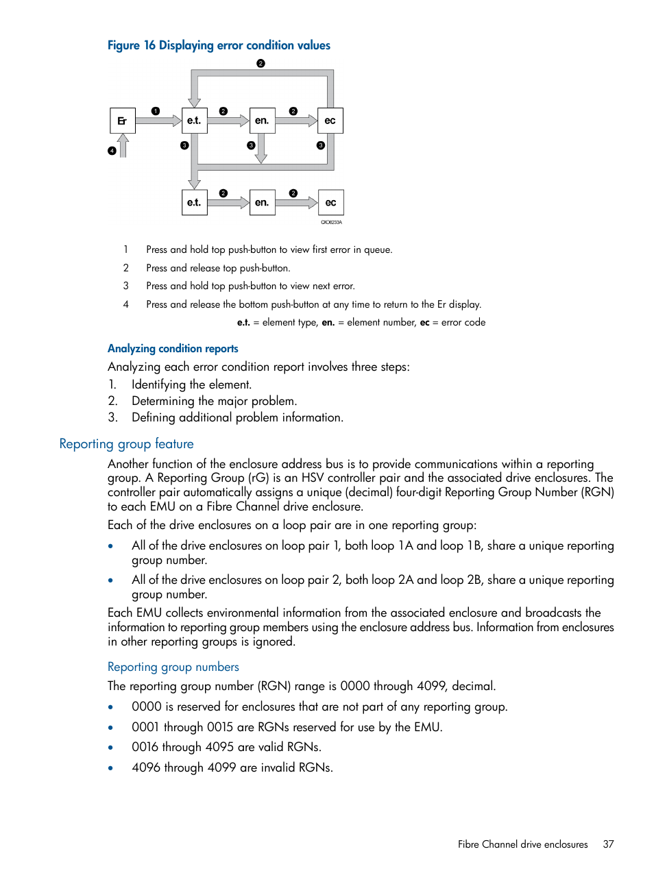 Analyzing condition reports, Reporting group feature, Reporting group numbers | HP 4000.6000.8000 Enterprise Virtual Arrays User Manual | Page 37 / 180