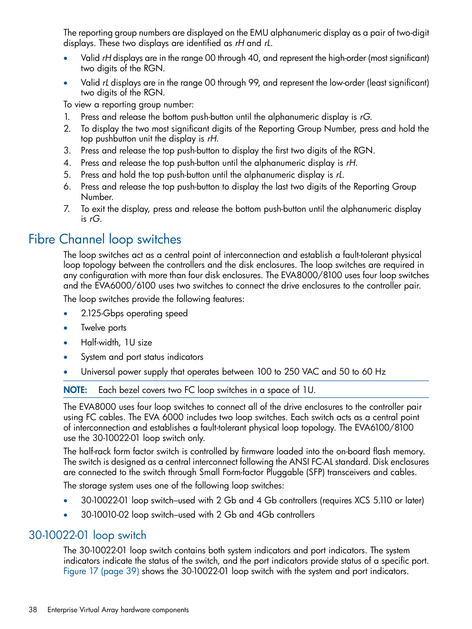 Fibre channel loop switches, 10022-01 loop switch | HP 4000.6000.8000 Enterprise Virtual Arrays User Manual | Page 38 / 180