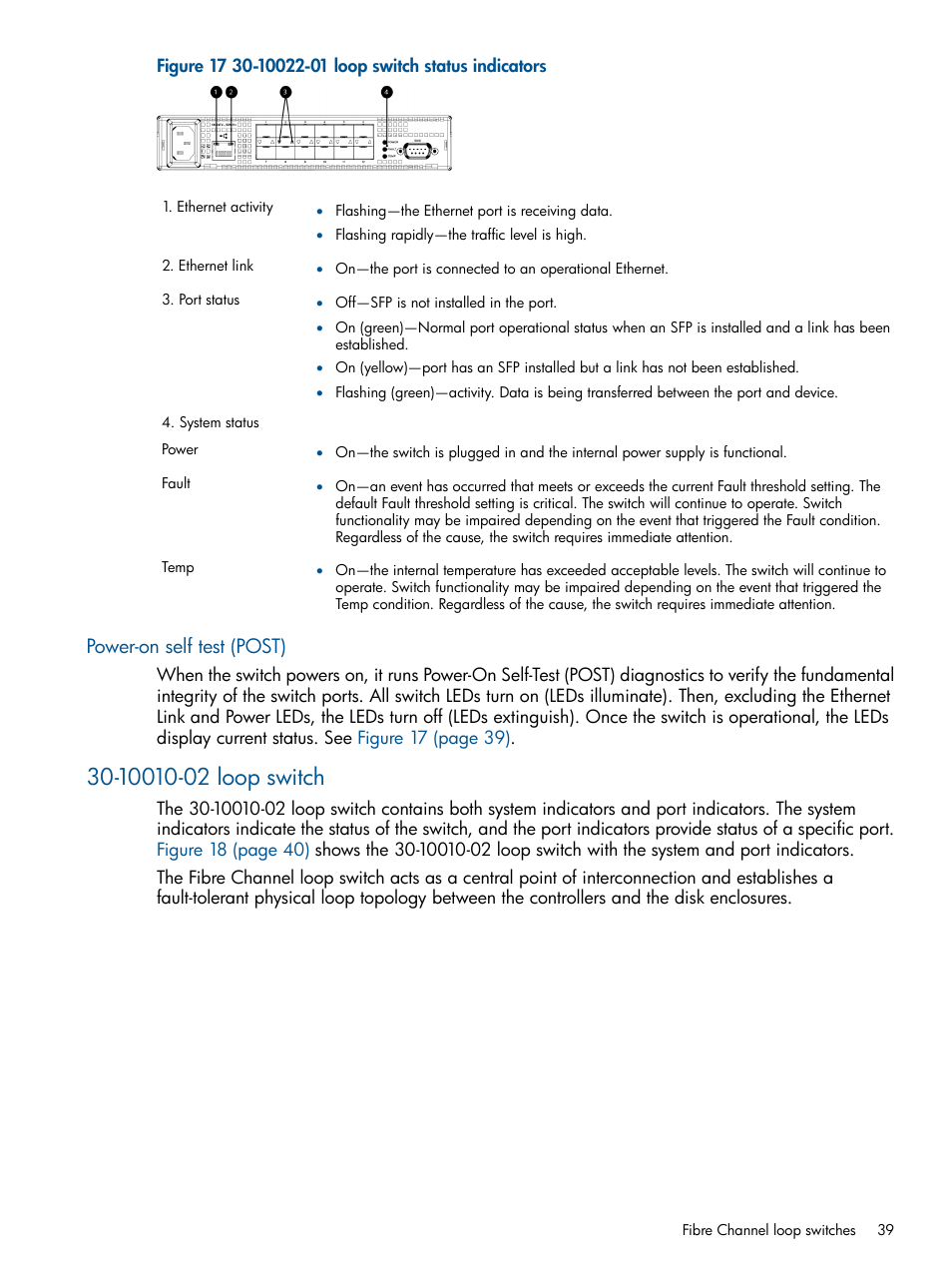 Power-on self test (post), 10010-02 loop switch | HP 4000.6000.8000 Enterprise Virtual Arrays User Manual | Page 39 / 180