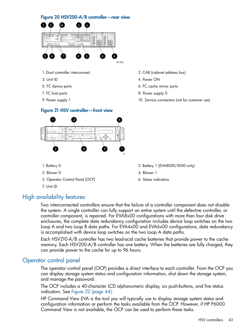 High availability features, Operator control panel, High availability features operator control panel | HP 4000.6000.8000 Enterprise Virtual Arrays User Manual | Page 43 / 180