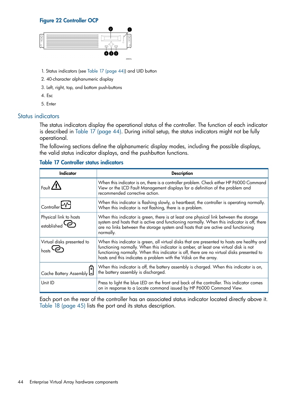 Status indicators | HP 4000.6000.8000 Enterprise Virtual Arrays User Manual | Page 44 / 180