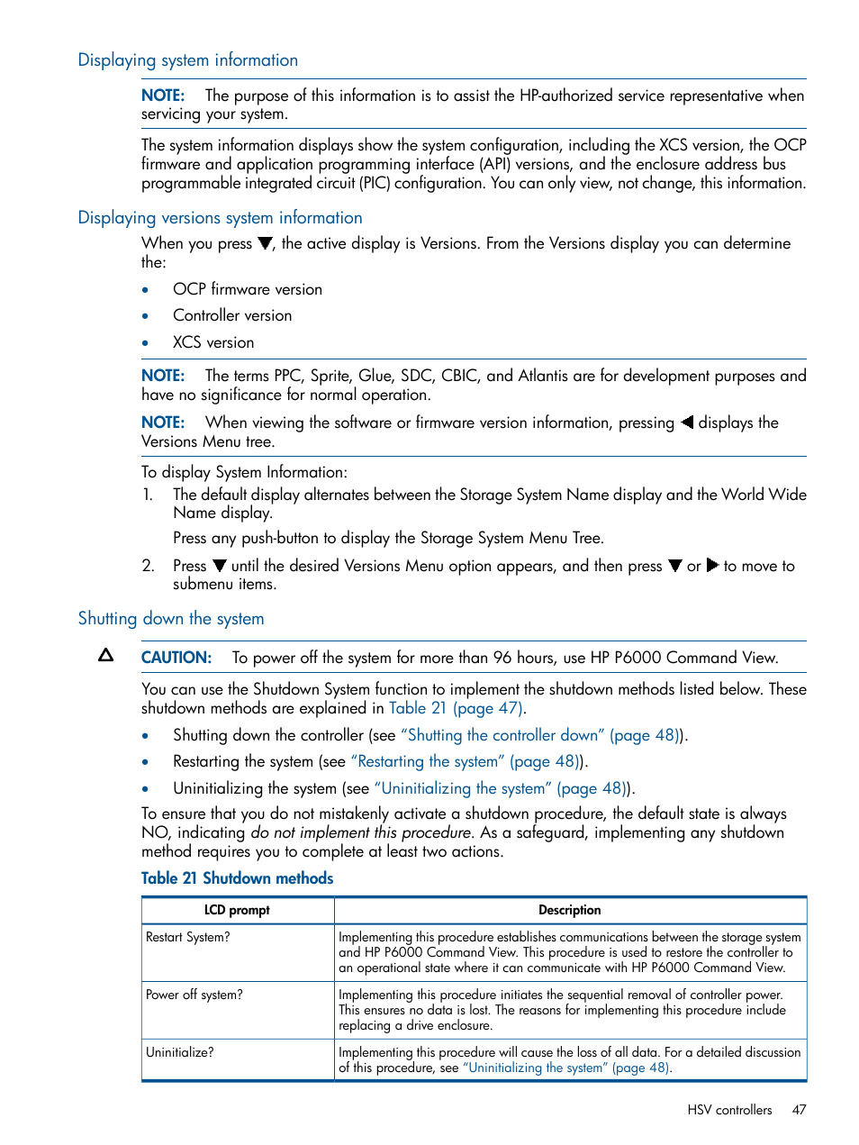 Displaying system information, Displaying versions system information, Shutting down the system | HP 4000.6000.8000 Enterprise Virtual Arrays User Manual | Page 47 / 180