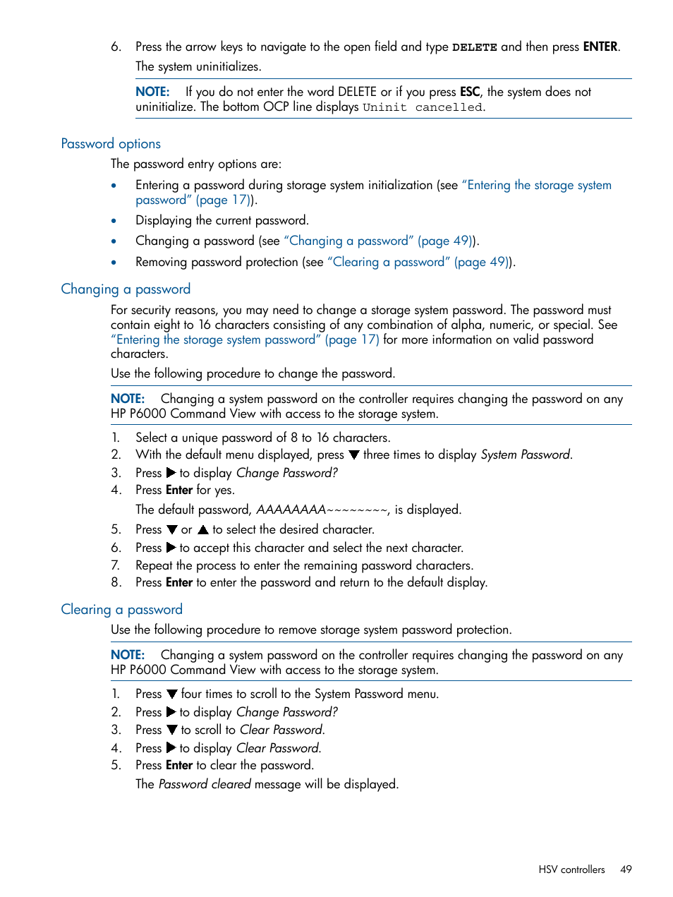 Password options, Changing a password, Clearing a password | HP 4000.6000.8000 Enterprise Virtual Arrays User Manual | Page 49 / 180