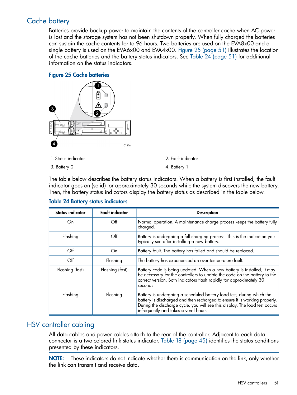 Cache battery, Hsv controller cabling, Cache battery hsv controller cabling | HP 4000.6000.8000 Enterprise Virtual Arrays User Manual | Page 51 / 180