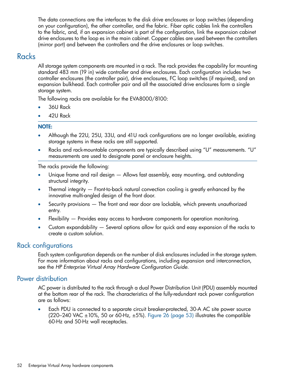 Racks, Rack configurations, Power distribution | Rack configurations power distribution | HP 4000.6000.8000 Enterprise Virtual Arrays User Manual | Page 52 / 180