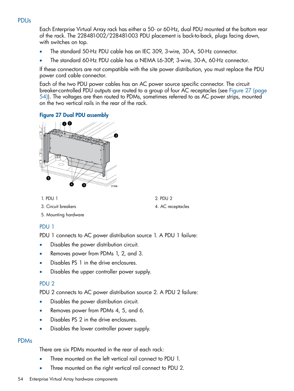 Pdus, Pdu 1, Pdu 2 | Pdms, Pdu 1 pdu 2 | HP 4000.6000.8000 Enterprise Virtual Arrays User Manual | Page 54 / 180