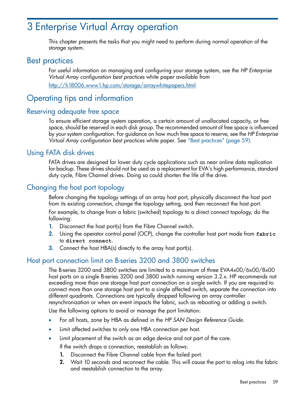 3 enterprise virtual array operation, Best practices, Operating tips and information | Reserving adequate free space, Using fata disk drives, Changing the host port topology, Best practices operating tips and information | HP 4000.6000.8000 Enterprise Virtual Arrays User Manual | Page 59 / 180