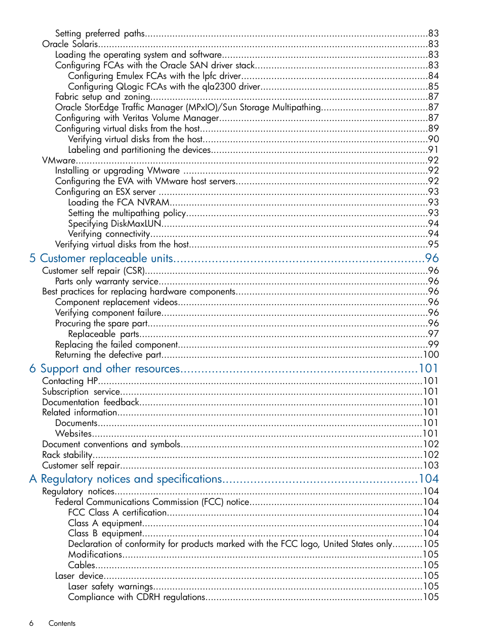 5 customer replaceable units, 6 support and other resources, A regulatory notices and specifications | HP 4000.6000.8000 Enterprise Virtual Arrays User Manual | Page 6 / 180