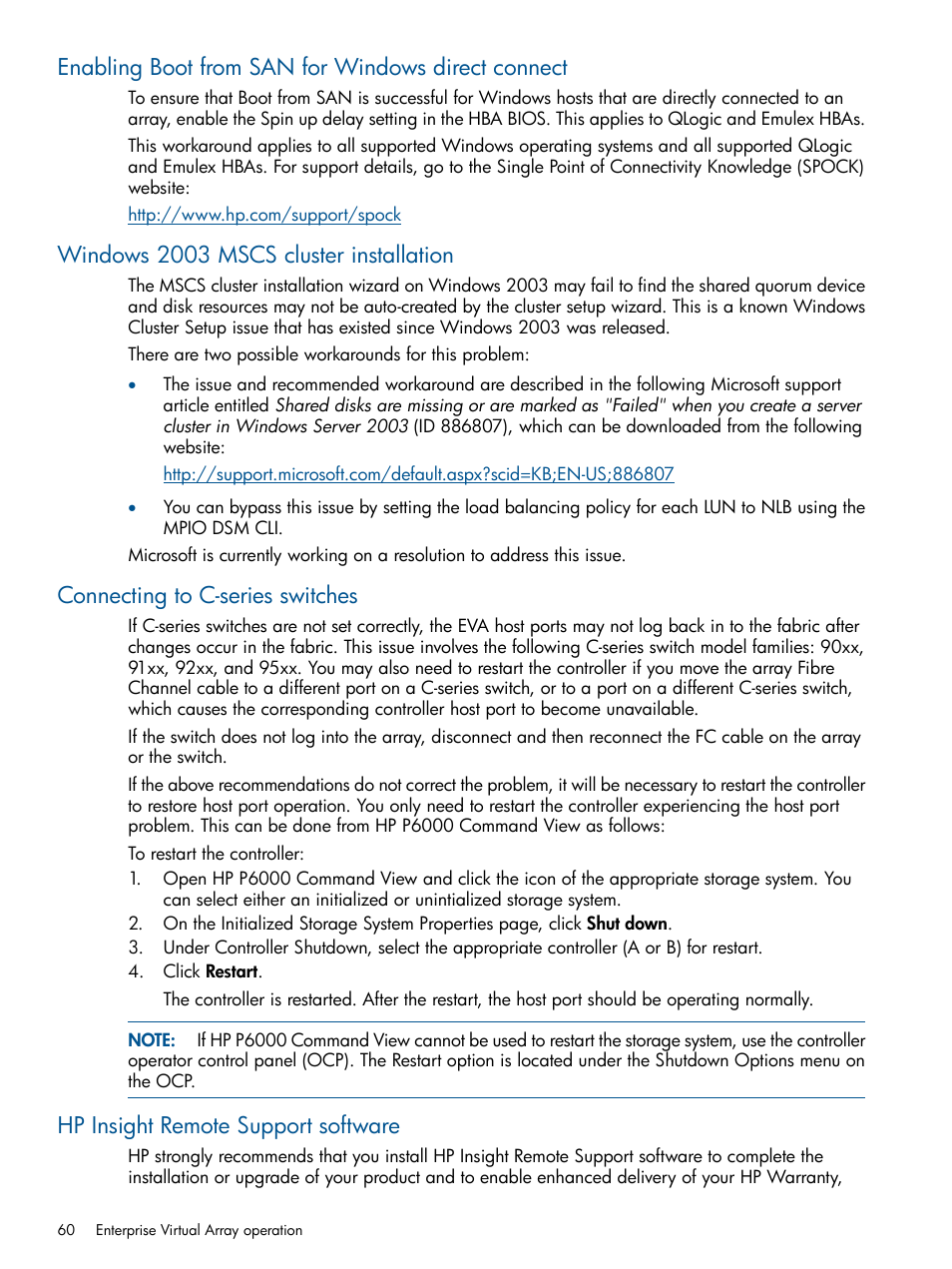 Enabling boot from san for windows direct connect, Windows 2003 mscs cluster installation, Connecting to c-series switches | Hp insight remote support software | HP 4000.6000.8000 Enterprise Virtual Arrays User Manual | Page 60 / 180