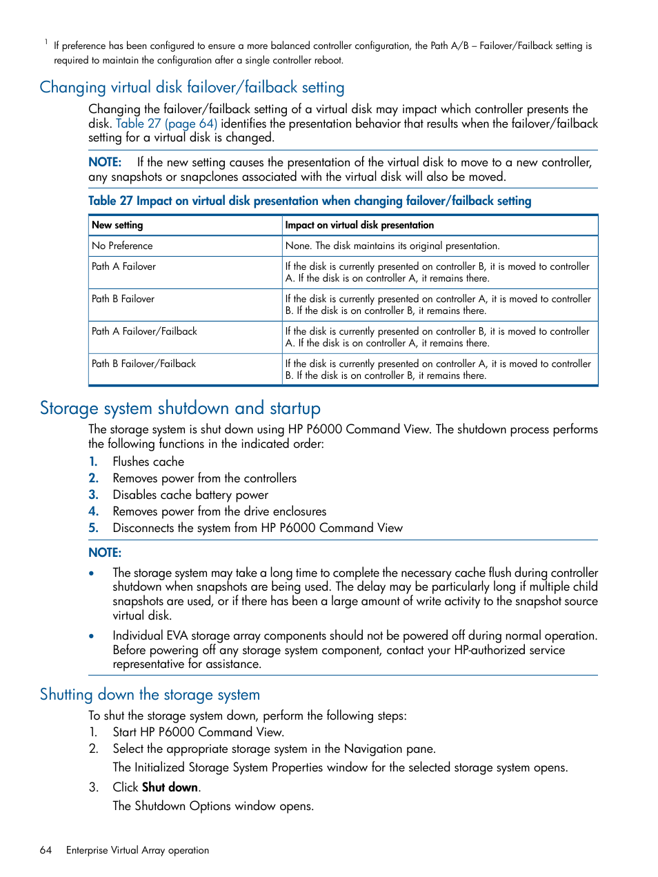 Changing virtual disk failover/failback setting, Storage system shutdown and startup, Shutting down the storage system | HP 4000.6000.8000 Enterprise Virtual Arrays User Manual | Page 64 / 180