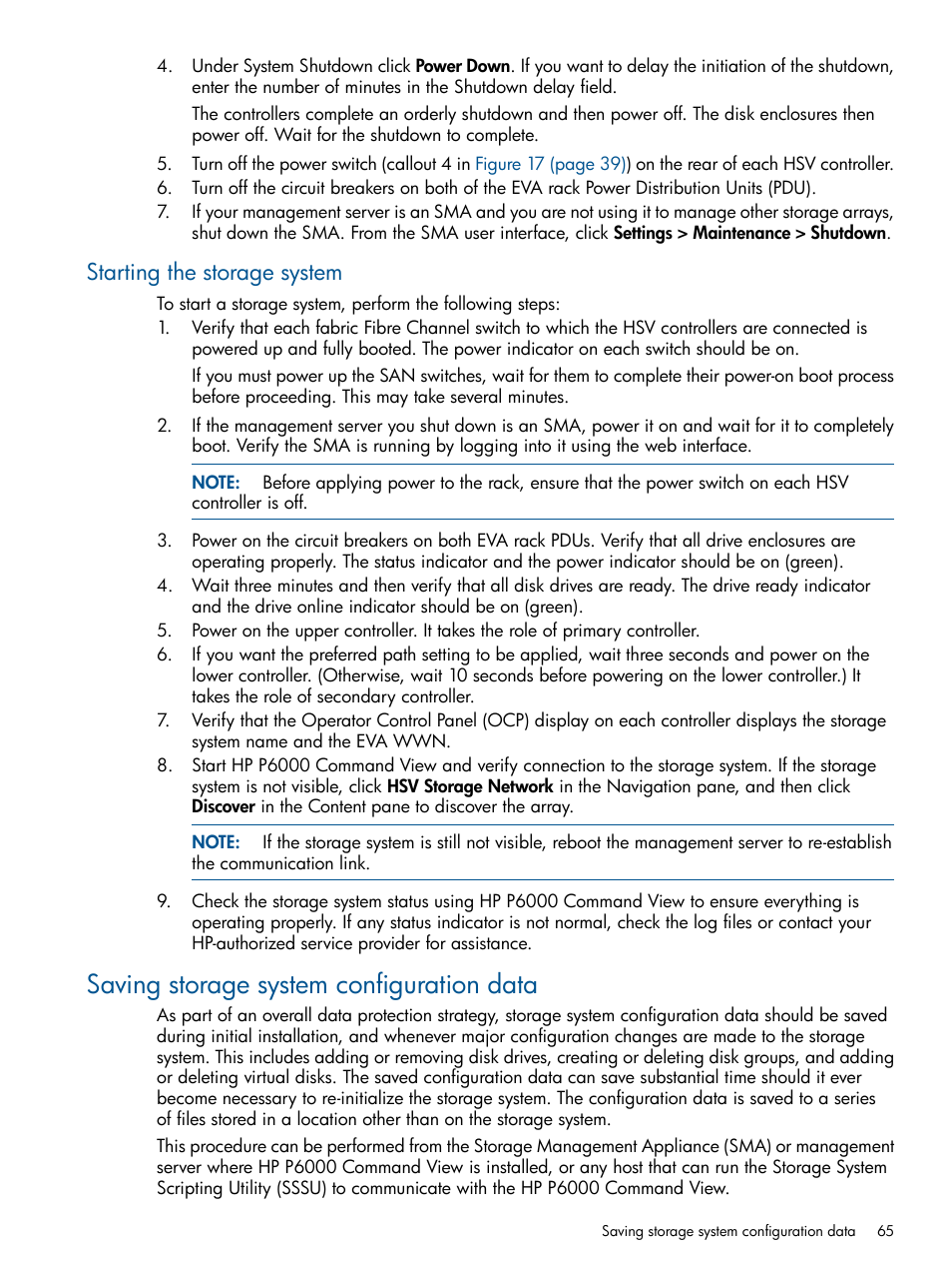 Starting the storage system, Saving storage system configuration data | HP 4000.6000.8000 Enterprise Virtual Arrays User Manual | Page 65 / 180