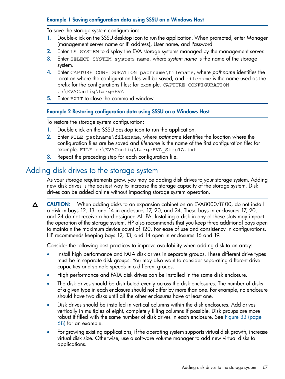 Adding disk drives to the storage system | HP 4000.6000.8000 Enterprise Virtual Arrays User Manual | Page 67 / 180