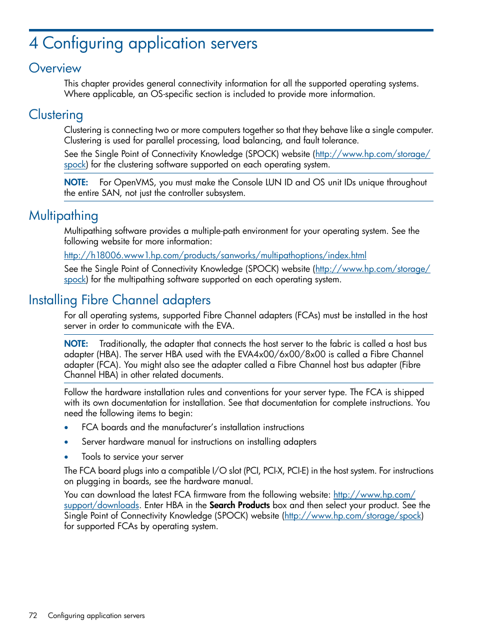 4 configuring application servers, Overview, Clustering | Multipathing, Installing fibre channel adapters | HP 4000.6000.8000 Enterprise Virtual Arrays User Manual | Page 72 / 180