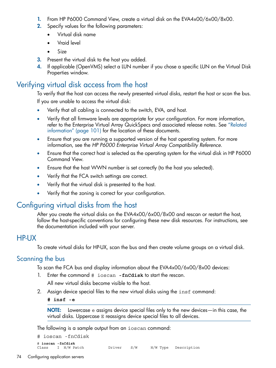 Verifying virtual disk access from the host, Configuring virtual disks from the host, Hp-ux | Scanning the bus | HP 4000.6000.8000 Enterprise Virtual Arrays User Manual | Page 74 / 180