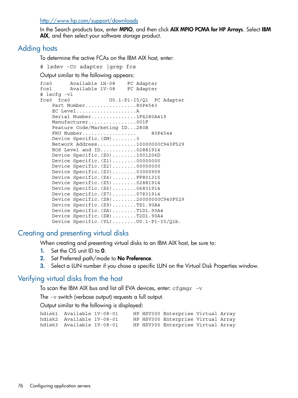 Adding hosts, Creating and presenting virtual disks, Verifying virtual disks from the host | HP 4000.6000.8000 Enterprise Virtual Arrays User Manual | Page 76 / 180