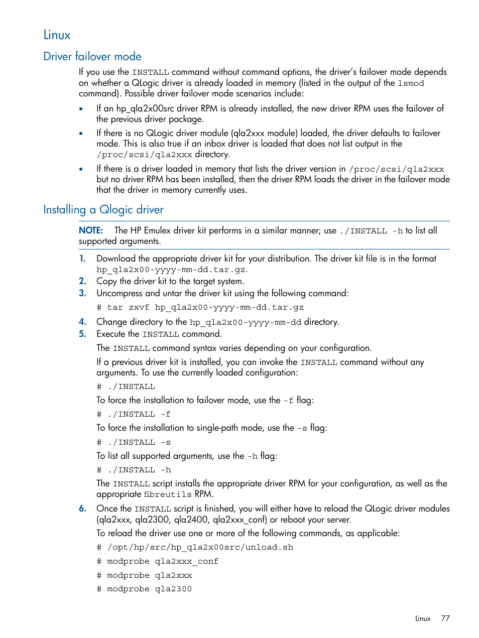 Linux, Driver failover mode, Installing a qlogic driver | Driver failover mode installing a qlogic driver | HP 4000.6000.8000 Enterprise Virtual Arrays User Manual | Page 77 / 180