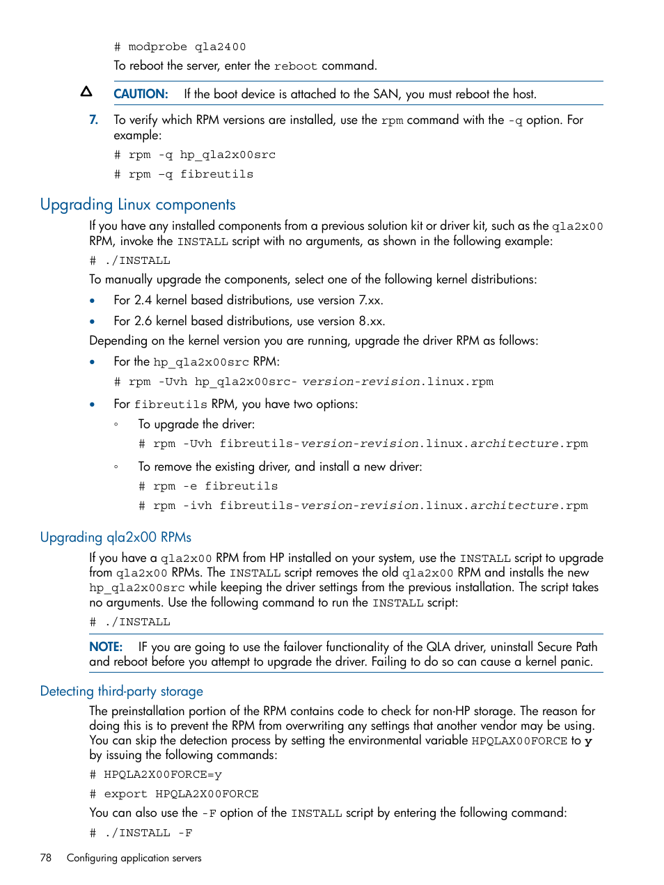 Upgrading linux components, Upgrading qla2x00 rpms, Detecting third-party storage | HP 4000.6000.8000 Enterprise Virtual Arrays User Manual | Page 78 / 180