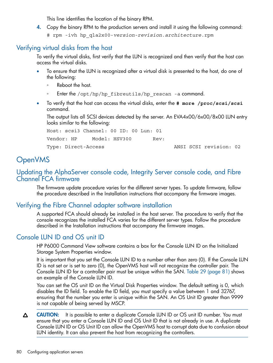 Verifying virtual disks from the host, Openvms, Console lun id and os unit id | HP 4000.6000.8000 Enterprise Virtual Arrays User Manual | Page 80 / 180