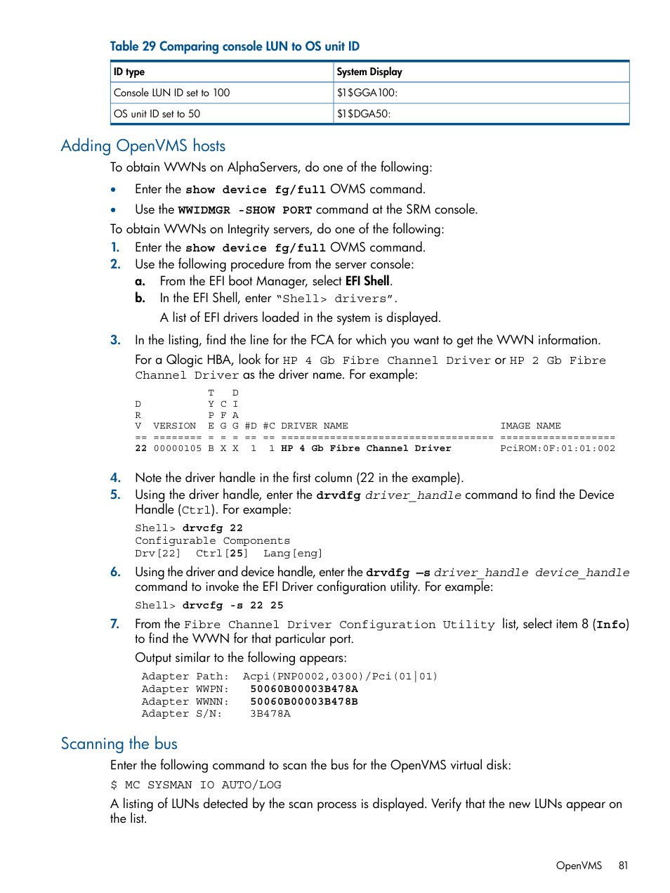 Adding openvms hosts, Scanning the bus, Adding openvms hosts scanning the bus | HP 4000.6000.8000 Enterprise Virtual Arrays User Manual | Page 81 / 180