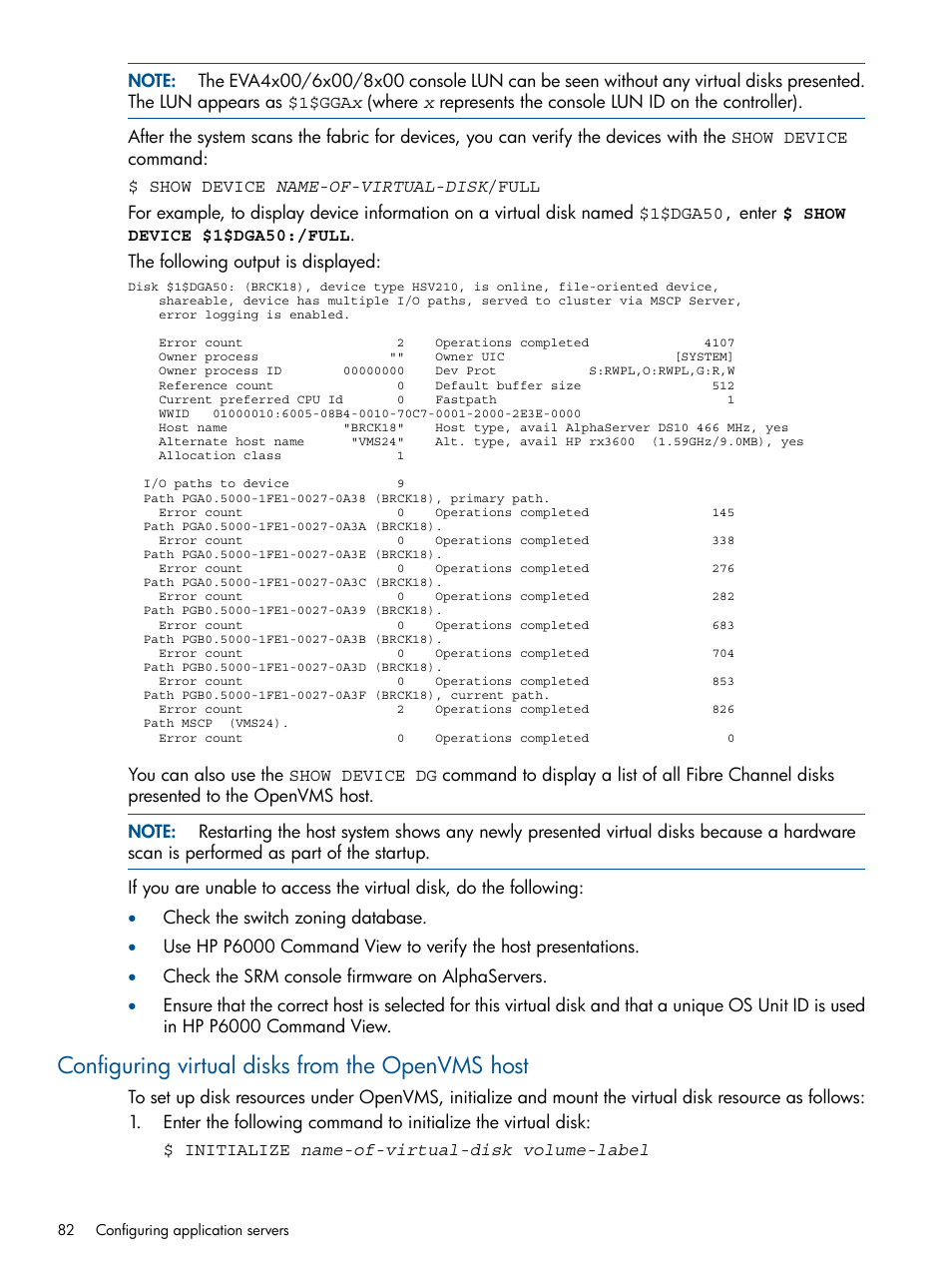 Configuring virtual disks from the openvms host | HP 4000.6000.8000 Enterprise Virtual Arrays User Manual | Page 82 / 180