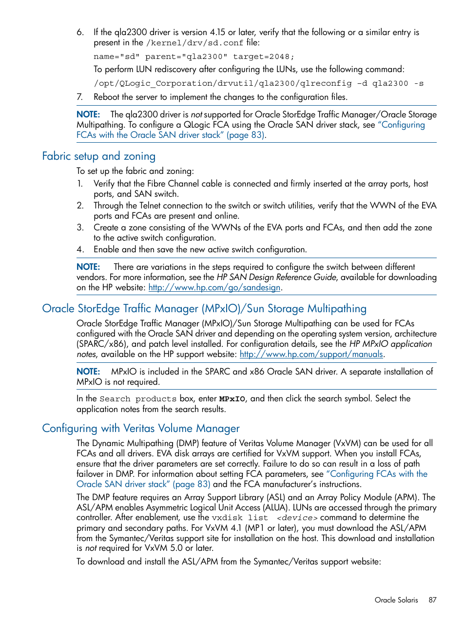 Fabric setup and zoning, Configuring with veritas volume manager | HP 4000.6000.8000 Enterprise Virtual Arrays User Manual | Page 87 / 180