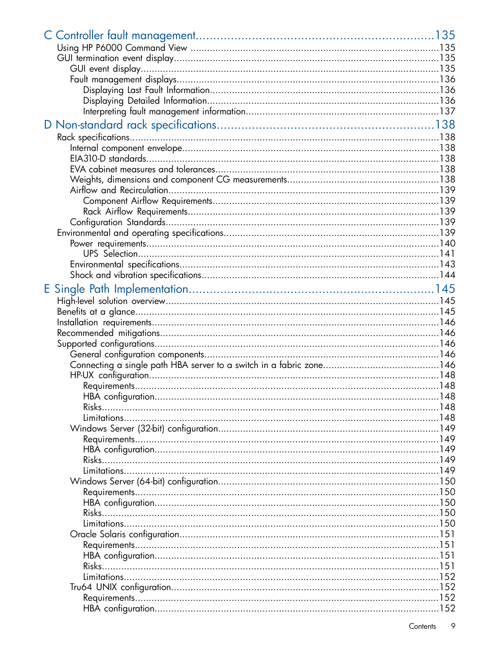 C controller fault management, D non-standard rack specifications, E single path implementation | HP 4000.6000.8000 Enterprise Virtual Arrays User Manual | Page 9 / 180