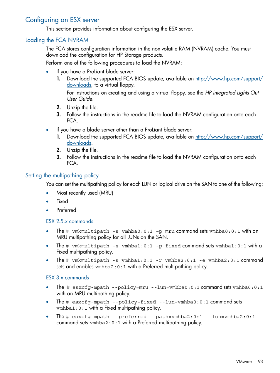 Configuring an esx server, Loading the fca nvram, Setting the multipathing policy | HP 4000.6000.8000 Enterprise Virtual Arrays User Manual | Page 93 / 180